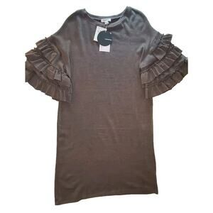 NWT Womens Mittoshop Ruffle Sleeve Sweater Shirt Tunic Dress Size Medium Mocha